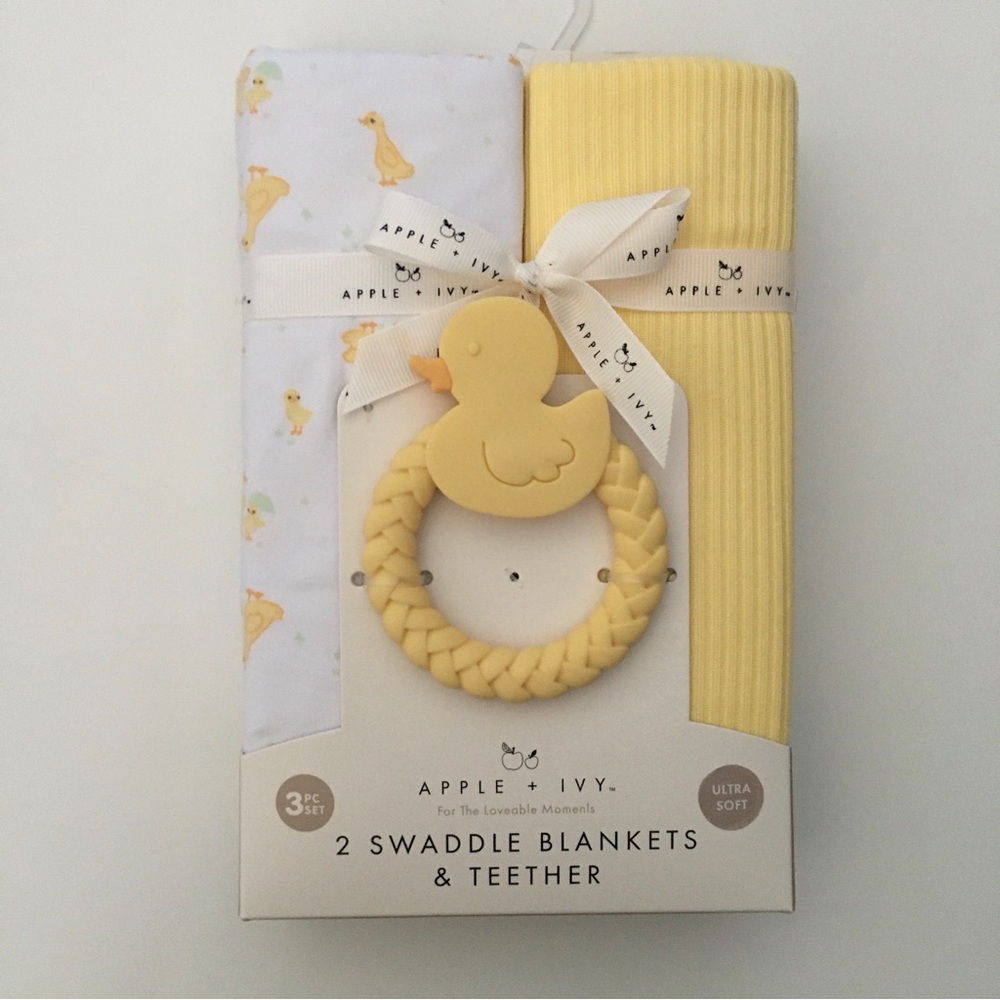 NEW Baby Blankets & Teething Ring Set Yellow Ducks | DreamGro Apple + Ivy